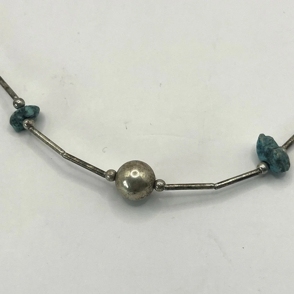 Vintage Turquoise Nugget‎ Sterling Silver Round & Melon Bead Necklace - Picture 7 of 11